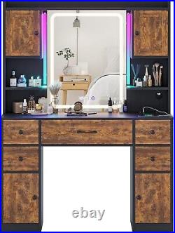 Vanity Table with Time Display Mirror Makeup Vanity with Lights&Charging Station