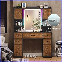 Vanity Table with Time Display Mirror Makeup Vanity with Lights&Charging Station