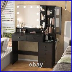 Vanity with Tricolor Lighted Mirror, Charging Station, and Hair Blower Holder