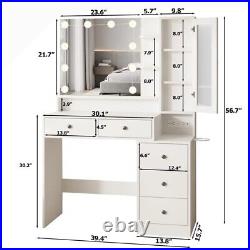 Vanity with Tricolor Lighted Mirror, Charging Station, and Hair Blower Holder