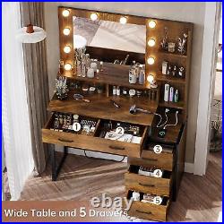 Vintage Vanity Desk Makeup Table with 10 LED Lights Mirror, 5 Drawers Nightstand