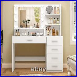 White Makeup Vanity Desk with Mirror & Lights Drawers & Storage Shelves