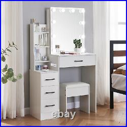 White Makeup Vanity Table Set with 10 Lights Mirror and 4 Drawers Dressing Desk