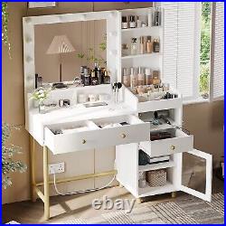 White Vanity Table Makeup Desk with Drawers and Cabinet Mirror & 3 Color Lights