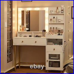White Vanity Table Makeup Desk with Drawers and Cabinet Mirror & 3 Color Lights